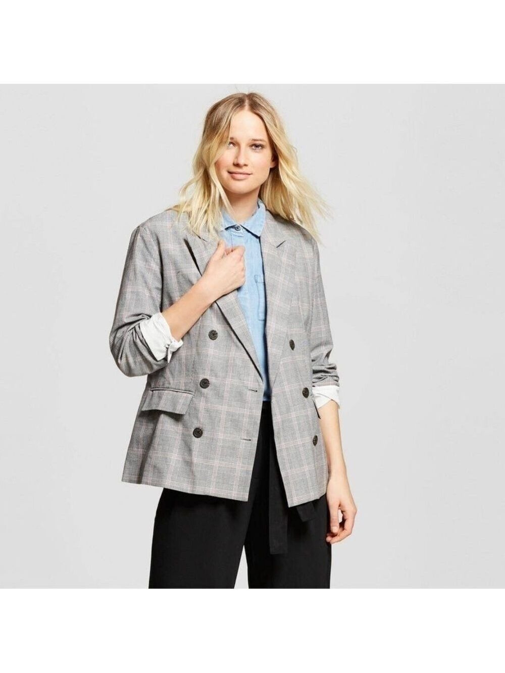 Who What Wear Plaid Roll-Up Cuff Poplin Double Breasted Blazer